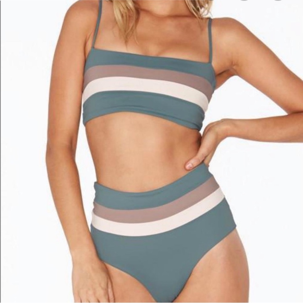 L SPACE Striped Two-Piece Bikini Set in Teal, Taupe & Cream 🌊 Size S